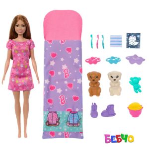 Barbie® Family Pets Пижамено парти с 2 кученца и кукла