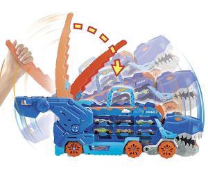 Hot Wheels City 2 в 1 Мега транспортьор с 2 колички или писта T-Rex със звук и светлини